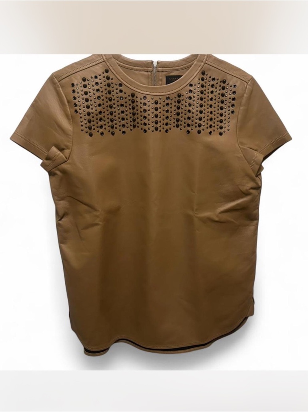 Coach Tan Leather Short-Sleeve Studded Shirt Size M